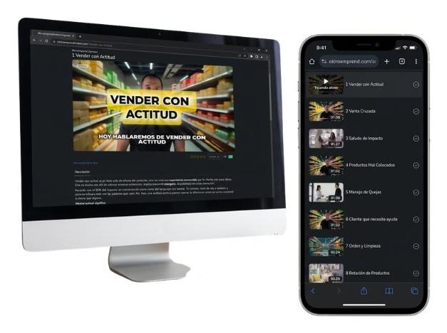 Plataforma de Retail Sales Academy en computadora y celular, con la lista de microvideos